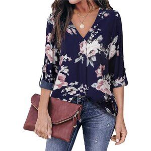 Womens 3/4 Cuffed Sleeve Chiffon Printed V Neck Casual Blouse Shirt Tops